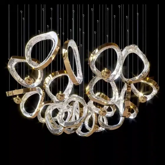 Gold Transparent Circle Custom Glass Chandelier in Stainless Steel and Glass, detail view