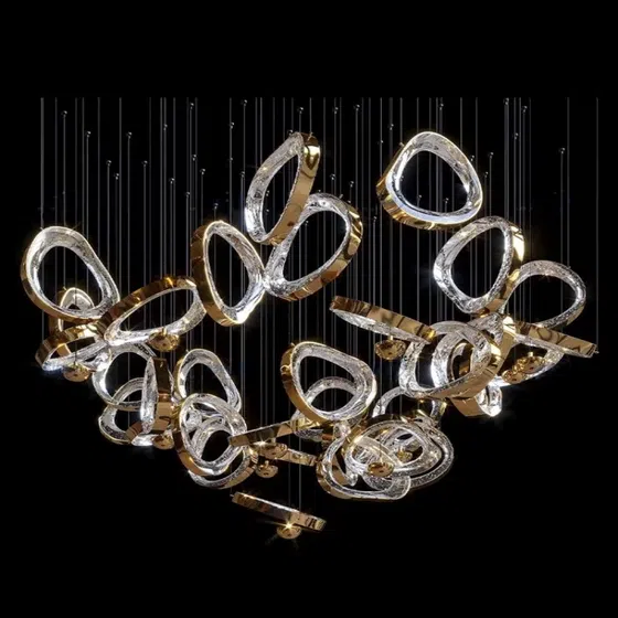 Gold Transparent Circle Custom Glass Chandelier in Stainless Steel and Glass, installed view