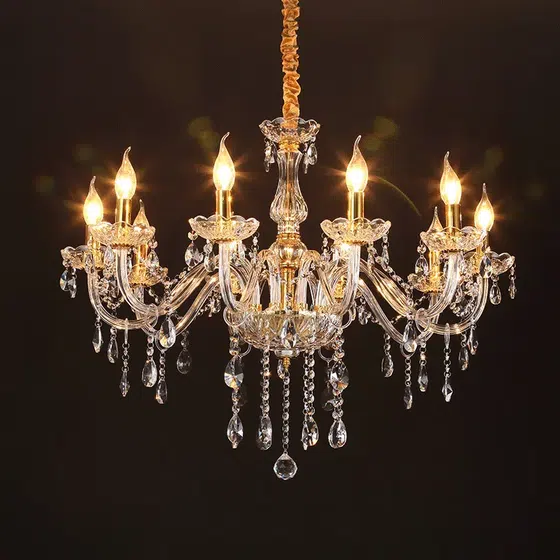 Gold Crystal Candle Chandelier in Iron and Crystal and Glass and Fabric, product photograph
