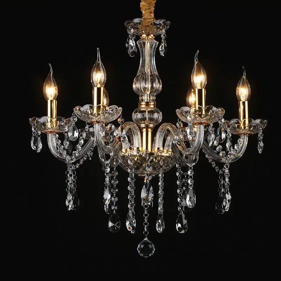 Gold Crystal Candle Chandelier in Iron and Crystal and Glass and Fabric, detail view