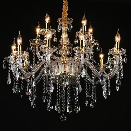 Gold Crystal Candle Chandelier in Iron and Crystal and Glass and Fabric, installed view