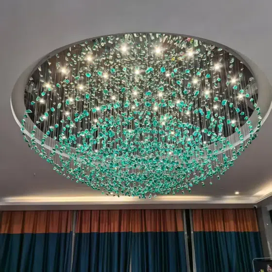Gold Green Blue Custom Glass Chandelier in Stainless Steel and Glass, product photograph