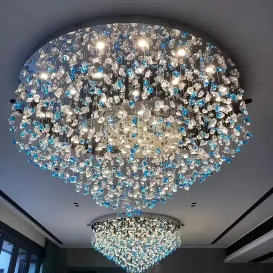 Gold Green Blue Custom Glass Chandelier in Stainless Steel and Glass, detail view