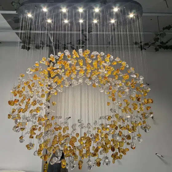 Gold Green Blue Custom Glass Chandelier in Stainless Steel and Glass, installed view
