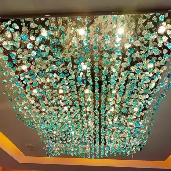 Gold Green Blue Custom Glass Chandelier in Stainless Steel and Glass, scale view