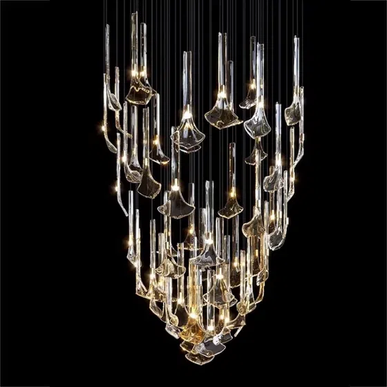 Gold Green Custom Glass Chandelier in Stainless Steel and Glass, detail view