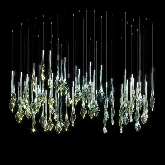 Gold Green Custom Glass Chandelier in Stainless Steel and Glass, installed view