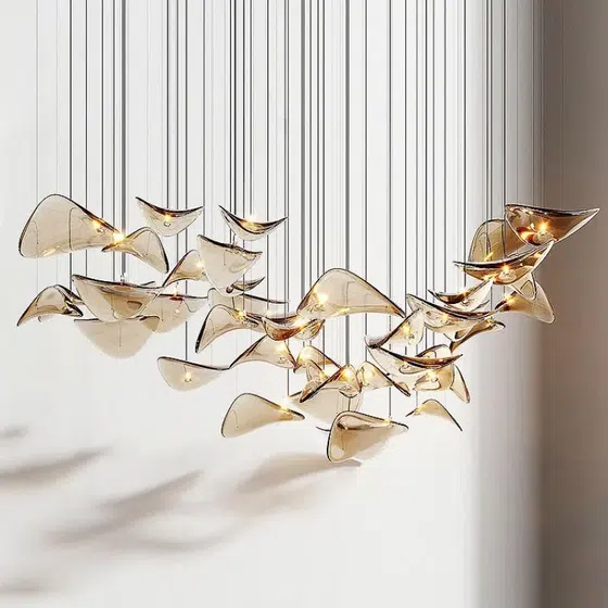 Gold Transparent Grey Custom Round Glass Chandelier in Stainless Steel and Glass, product photograph