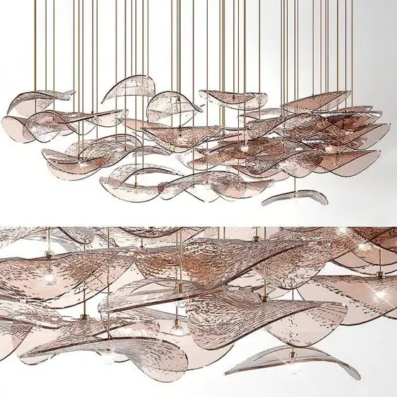 Gold Transparent Grey Custom Round Glass Chandelier in Stainless Steel and Glass, detail view