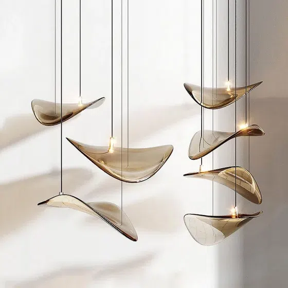 Gold Transparent Grey Custom Round Glass Chandelier in Stainless Steel and Glass, installed view