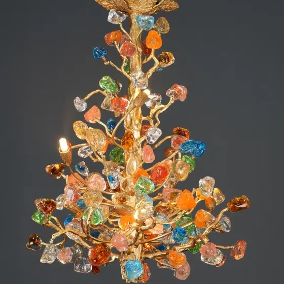 Gold Leaf Glass Chandelier in Copper and Glass, detail view