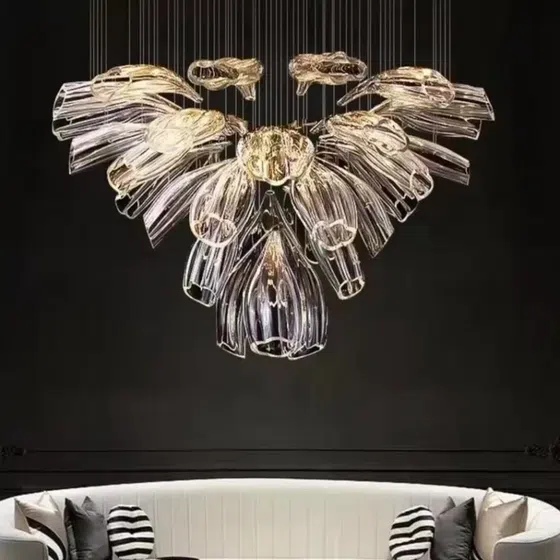 Gold Transparent Petal Custom Glass Chandelier in Stainless Steel and Glass, product photograph