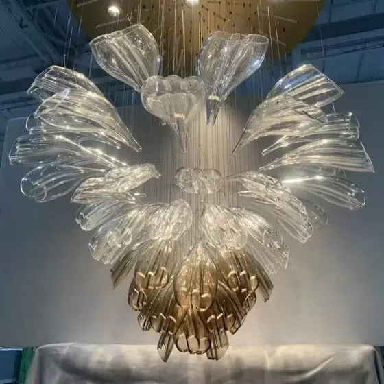 Gold Transparent Petal Custom Glass Chandelier in Stainless Steel and Glass, detail view