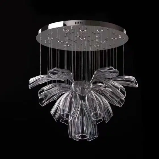 Gold Transparent Petal Custom Glass Chandelier in Stainless Steel and Glass, installed view
