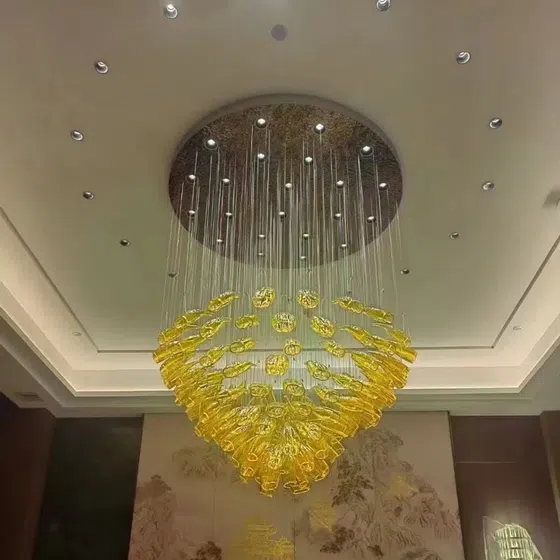 Gold Transparent Petal Custom Glass Chandelier in Stainless Steel and Glass, scale view
