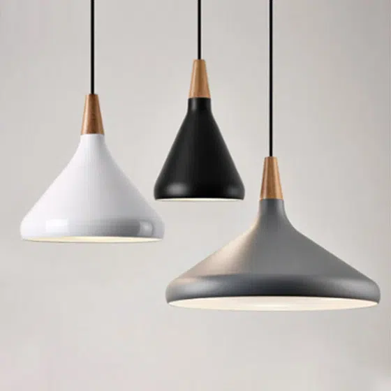 Gold Silver White Gray Pendant Lamp in Aluminum Cover and Wood, product photograph