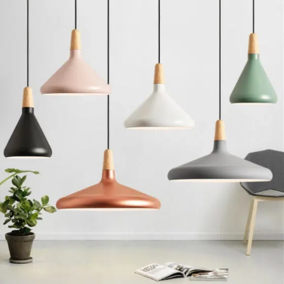 Gold Silver White Gray Pendant Lamp in Aluminum Cover and Wood, detail view