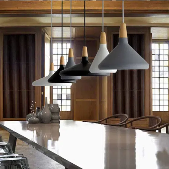 Gold Silver White Gray Pendant Lamp in Aluminum Cover and Wood, installed view