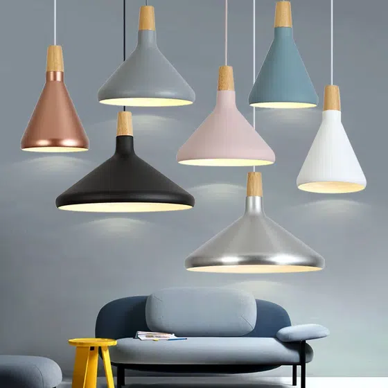 Gold Silver White Gray Pendant Lamp in Aluminum Cover and Wood, scale view