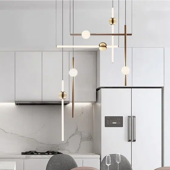 Gold White Iron Linear Pendant Lamp in Iron, installed view