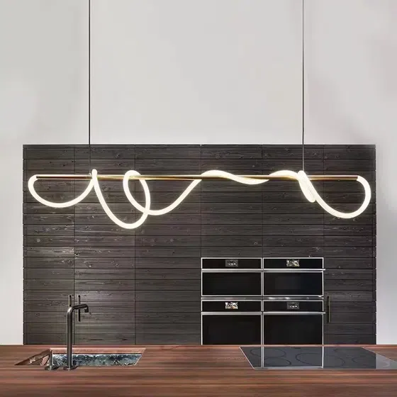 Gold White Linear Art Pendant Lamp in Silicone and Iron, installed view