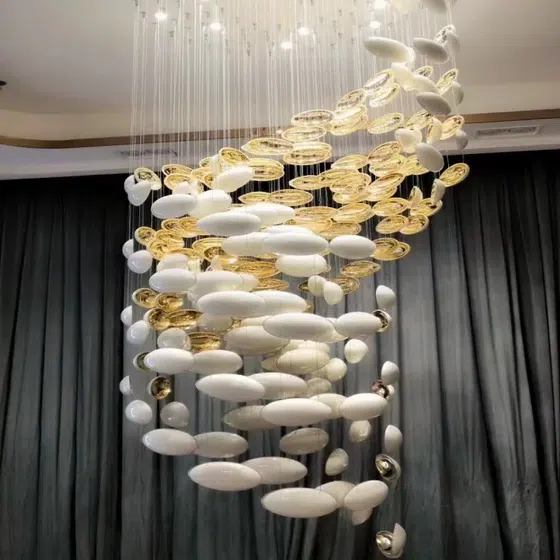 Gold White Multi-Layer Glass Chandelier in Stainless Steel and Glass, product photograph
