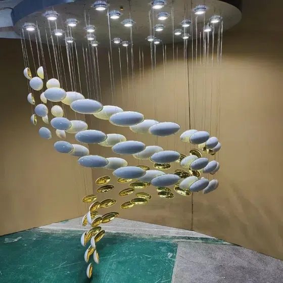 Gold White Multi-Layer Glass Chandelier in Stainless Steel and Glass, detail view