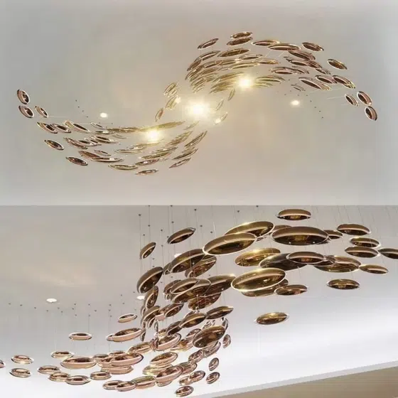 Gold White Multi-Layer Glass Chandelier in Stainless Steel and Glass, installed view