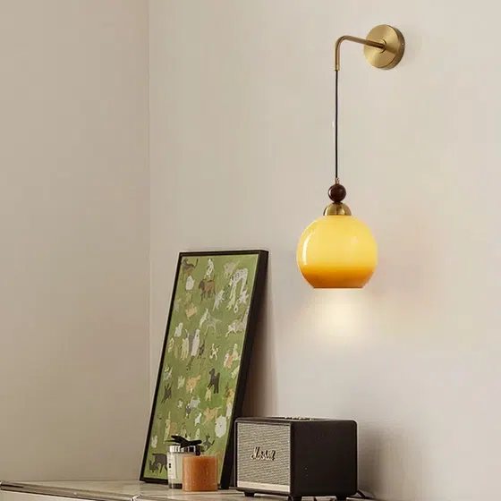 Golden LED Bedside Iron Glass Wall Lamp in Iron and Wood and Glass, detail view