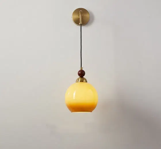 Golden LED Bedside Iron Glass Wall Lamp in Iron and Wood and Glass, installed view