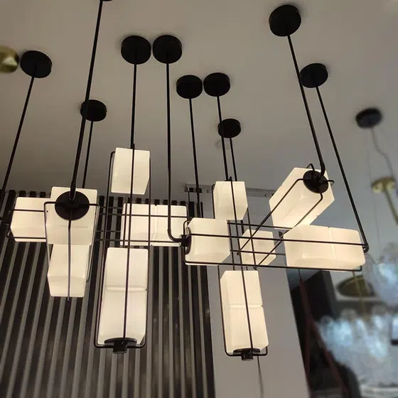 Golden Black Magic Cube Glass LED Pendant Light in Iron and Aluminum, product photograph