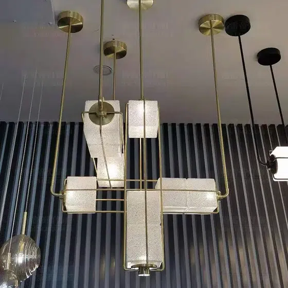 Golden Black Magic Cube Glass LED Pendant Light in Iron and Aluminum, installed view