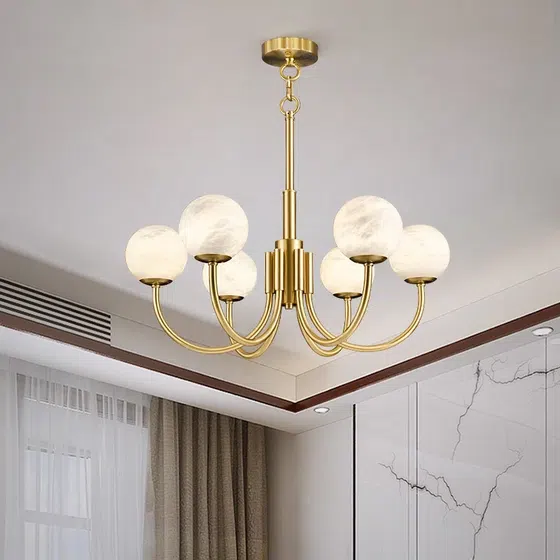 6-10 Heads Golden Copper Ball Marble Pendant Light in Copper and Alabaster, scale view