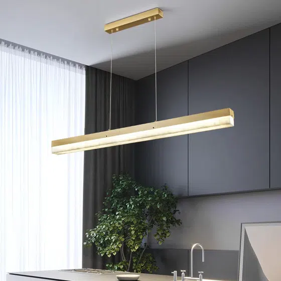 Golden Copper Linear LED Pendant Lamp in Copper and Marble, installed view