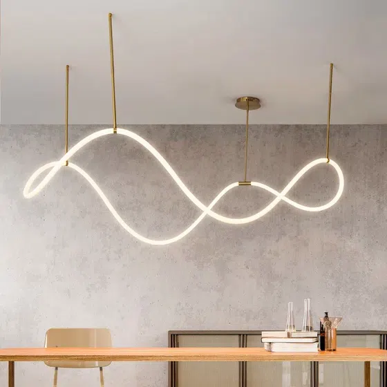 Gold White S-shaped Line Pendant Lamp in Silicone and Metal, product photograph