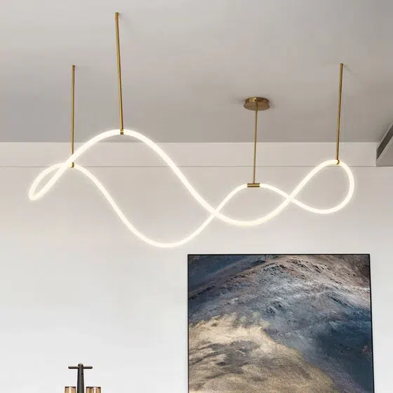 Gold White S-shaped Line Pendant Lamp in Silicone and Metal, detail view