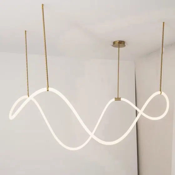 Gold White S-shaped Line Pendant Lamp in Silicone and Metal, installed view