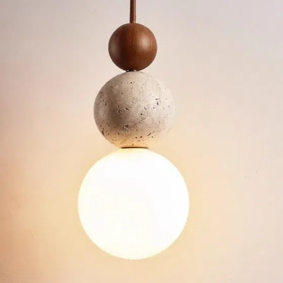 Gourd Wood Yellow Travertine Pendant Light in Wood and Yellow Travertine, product photograph
