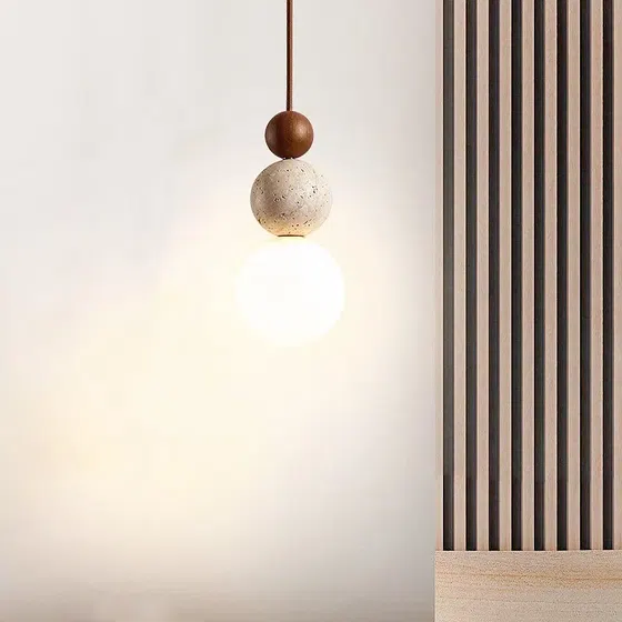 Gourd Wood Yellow Travertine Pendant Light in Wood and Yellow Travertine, detail view