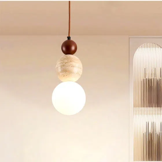Gourd Wood Yellow Travertine Pendant Light in Wood and Yellow Travertine, installed view