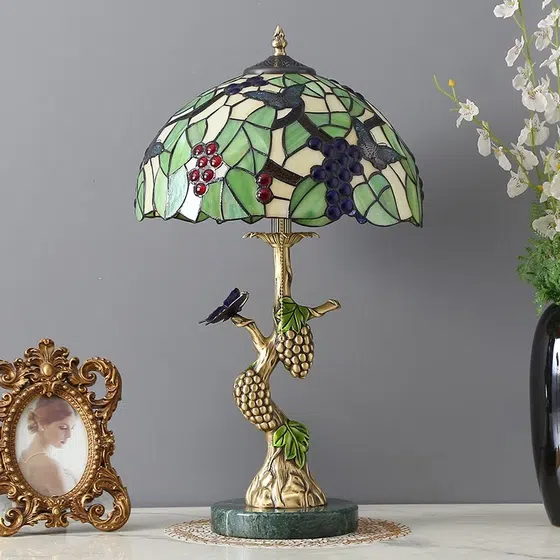 Grape Stained Glass Green Leaf Floral Table Light in Copper and Glass, scale view