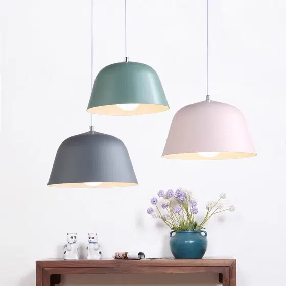 Pink Green Gray Black White Yellow Pendant Lamp in Aluminum Cover, product photograph
