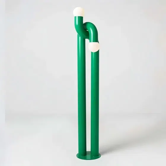 Green Orange Curved Tube LED Floor Light in Iron and Glass and Stainless Steel, product photograph