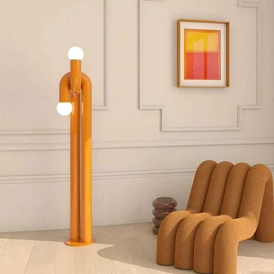 Green Orange Curved Tube LED Floor Light in Iron and Glass and Stainless Steel, detail view