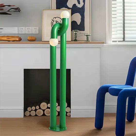 Green Orange Curved Tube LED Floor Light in Iron and Glass and Stainless Steel, scale view