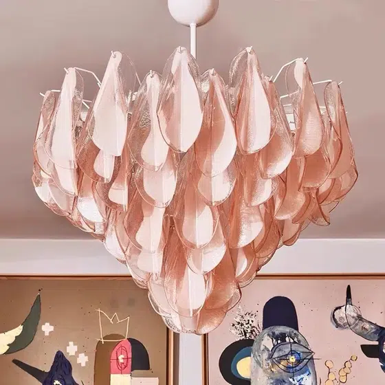 Green Pink Petal Glass Pendant Light in Iron Plating and Glass, detail view