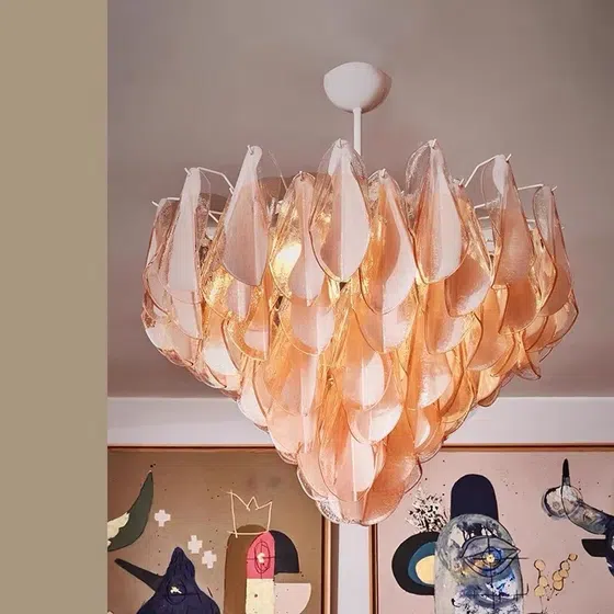 Green Pink Petal Glass Pendant Light in Iron Plating and Glass, installed view