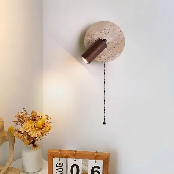 GU10 Natural Marble Stone Wall Lamp in Wood and Yellow Travertine, detail view