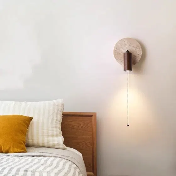 GU10 Natural Marble Stone Wall Lamp in Wood and Yellow Travertine, installed view