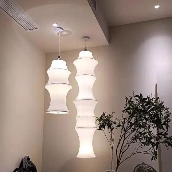 H100cm Bamboo Silk Pendant Light in Iron and Silk, detail view